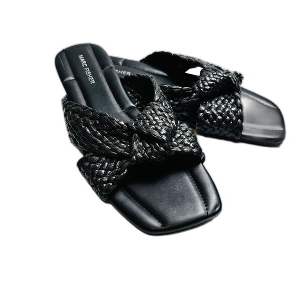 Marc Fisher Shoes - Marc Fisher Lasket Black Braided Twist Knot Slide Sandals Faux Leather Sz 8.5